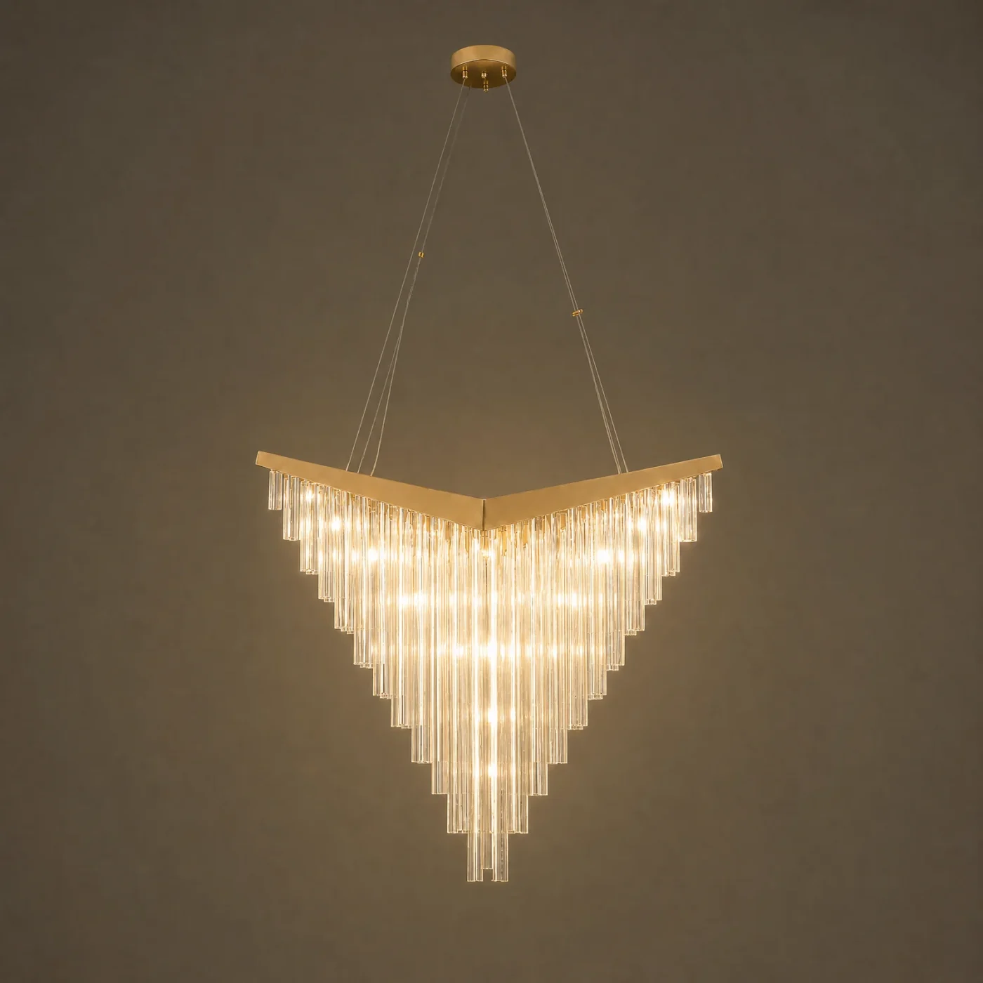 Chevron Glass Rod Chandelier — lights on