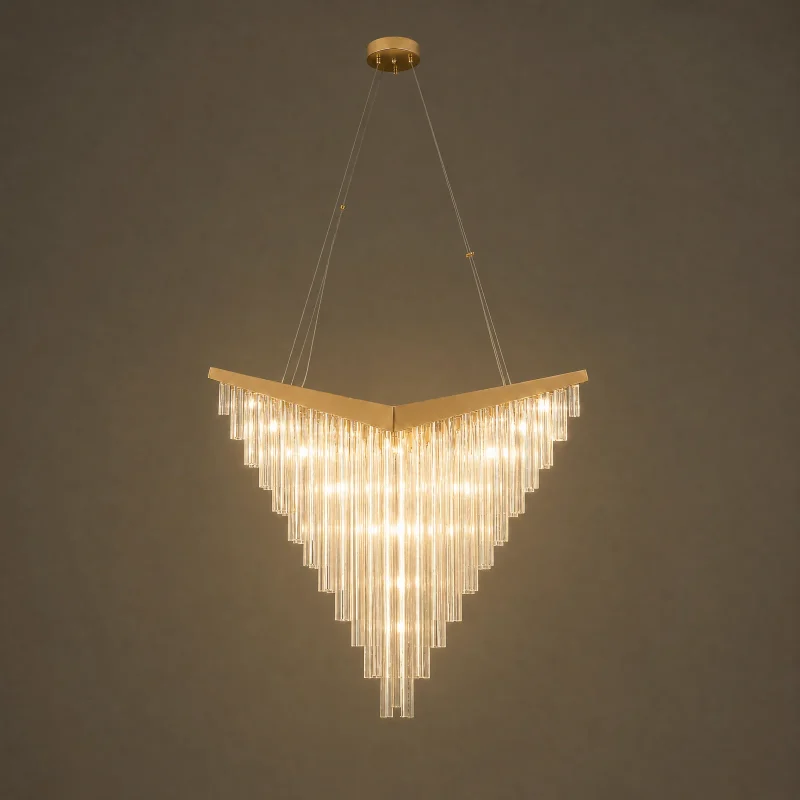 Chevron Glass Rod Chandelier — lights on