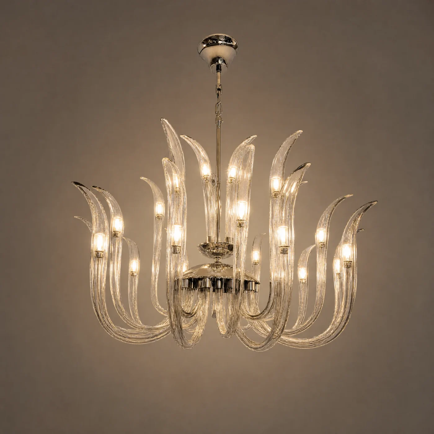 Cigno Smoked Glass Chandelier — lights on