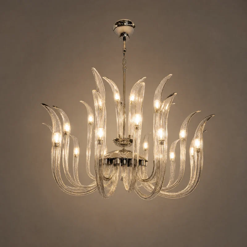 Cigno Smoked Glass Chandelier — lights on