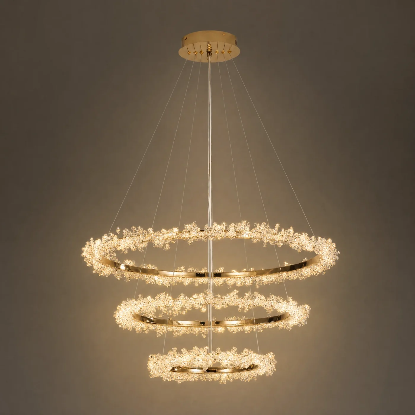 Corona Three-Ring Chandelier — lights on