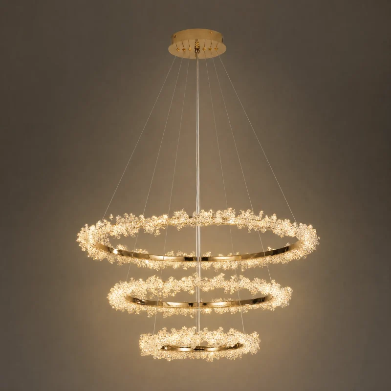 Corona Three-Ring Chandelier — lights on