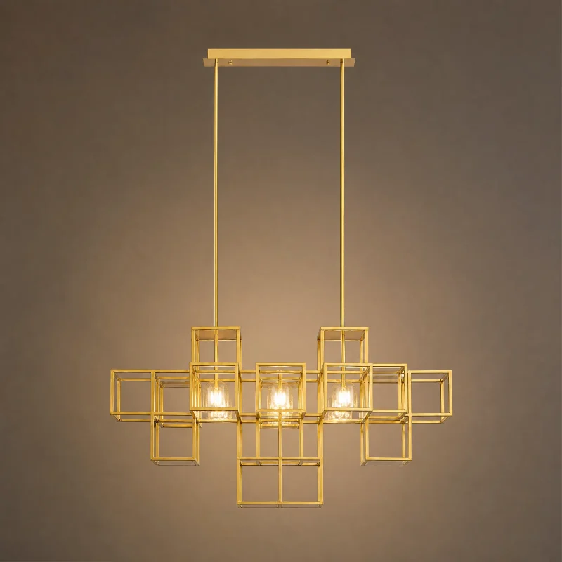 Cubist Gold Linear Chandelier — lights on