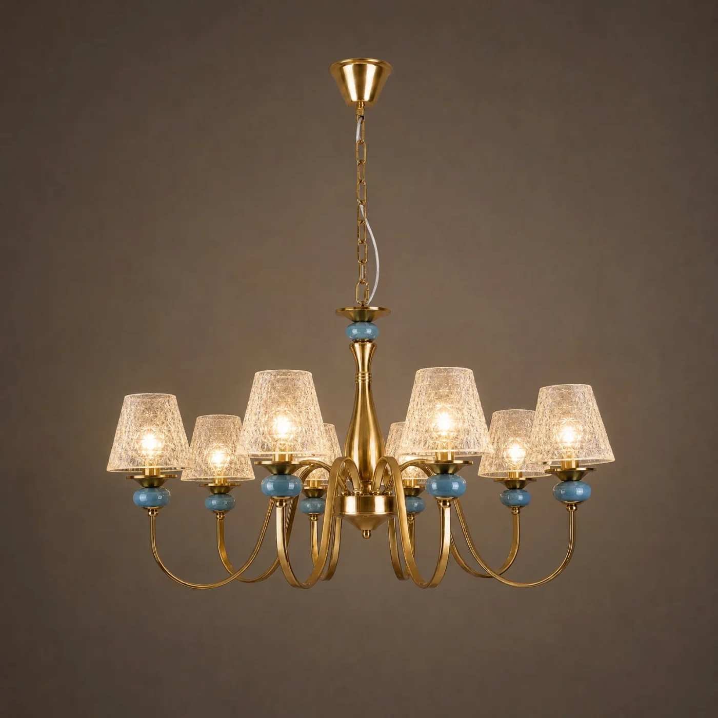 Delft 8-Arm Shaded Chandelier — lights on