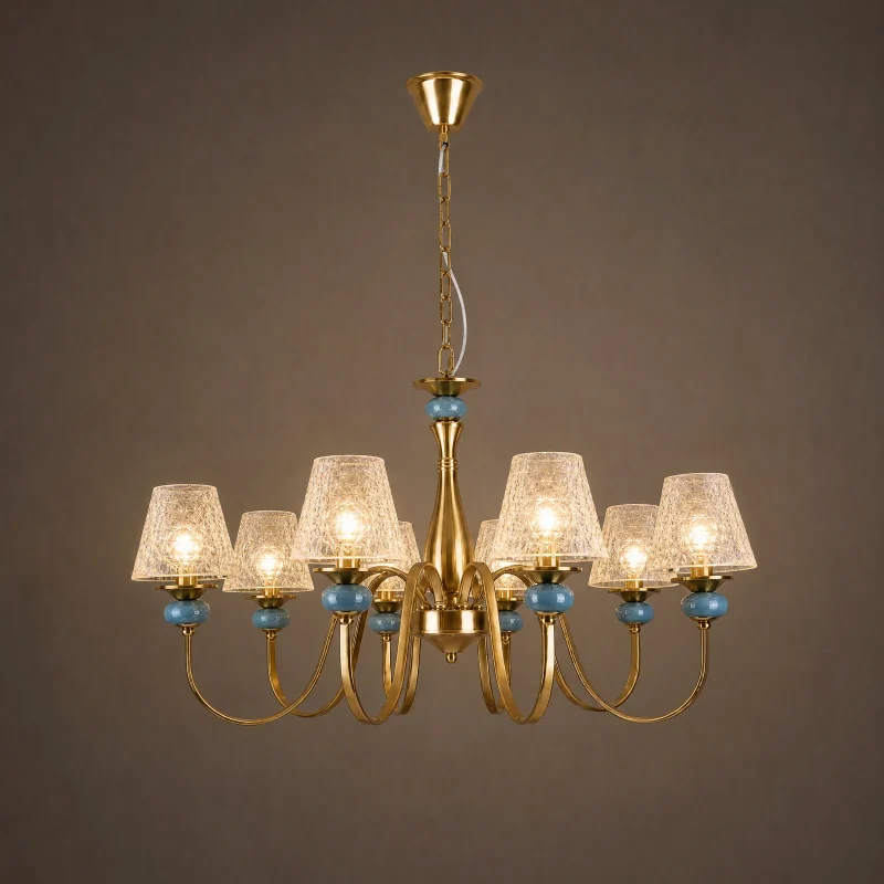 Delft 8-Arm Shaded Chandelier — lights on