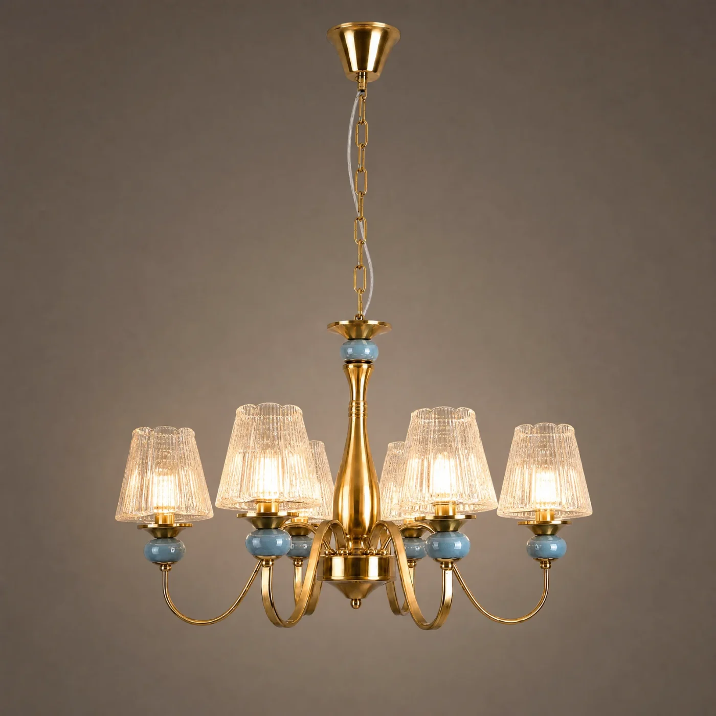Delft Ceramic Shaded Chandelier — lights on