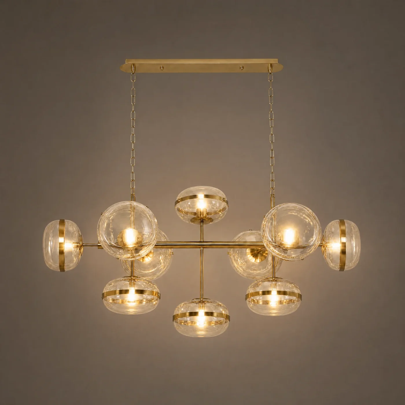 Orbit Glass Globe Linear Chandelier — lights on