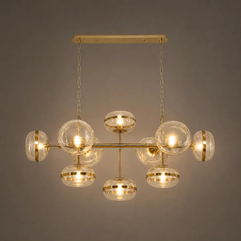 Orbit Glass Globe Linear Chandelier — lights on