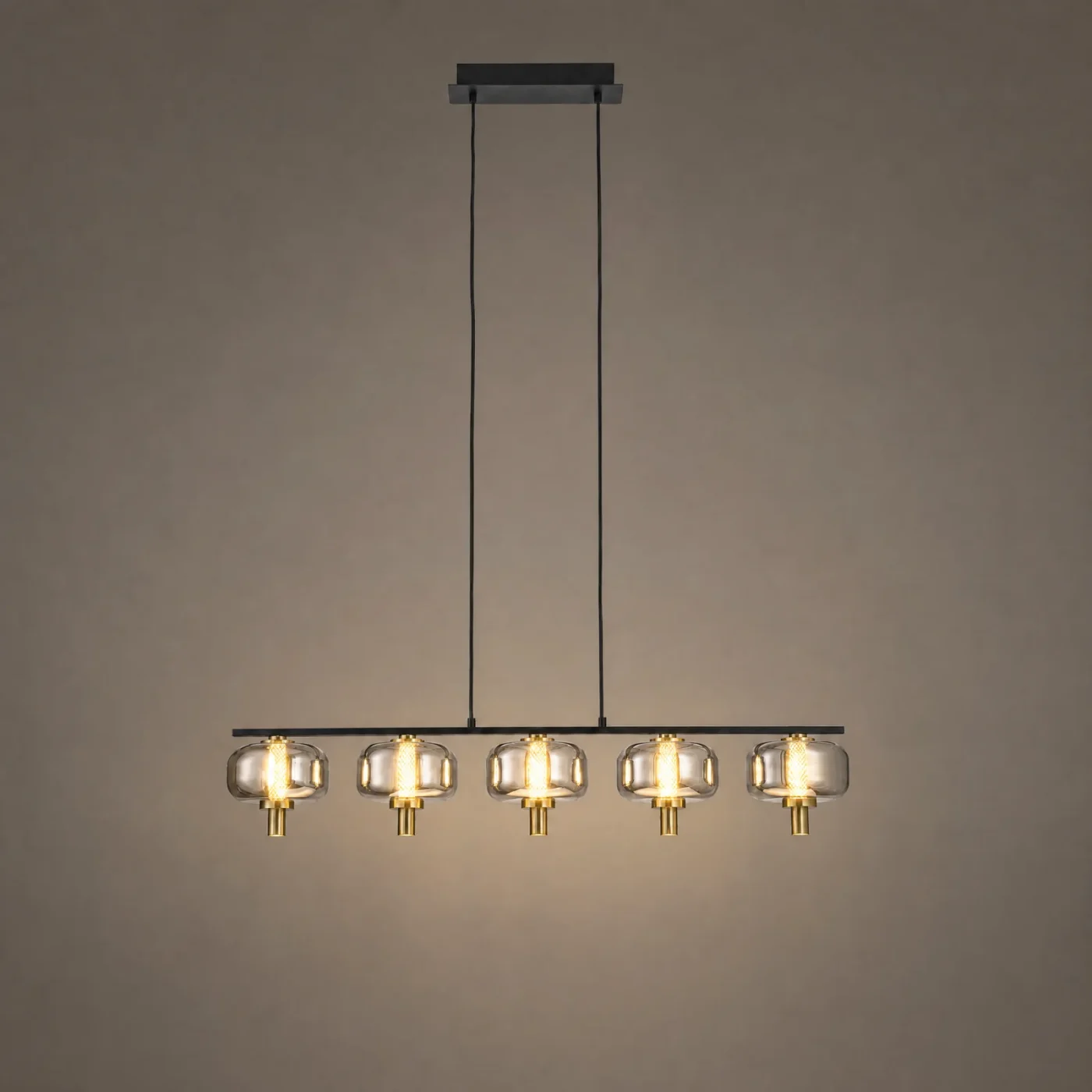 Quintet Globe Linear Chandelier — lights on