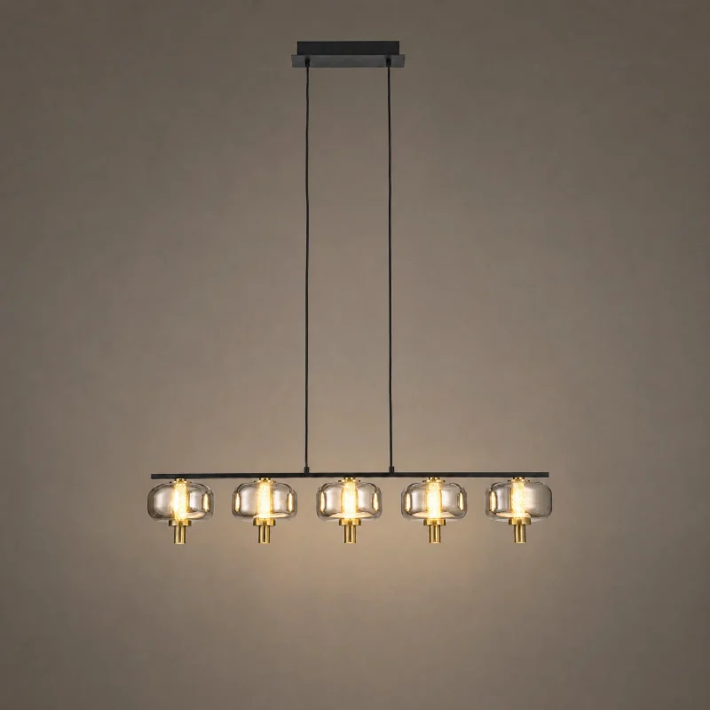 Quintet Globe Linear Chandelier — lights on