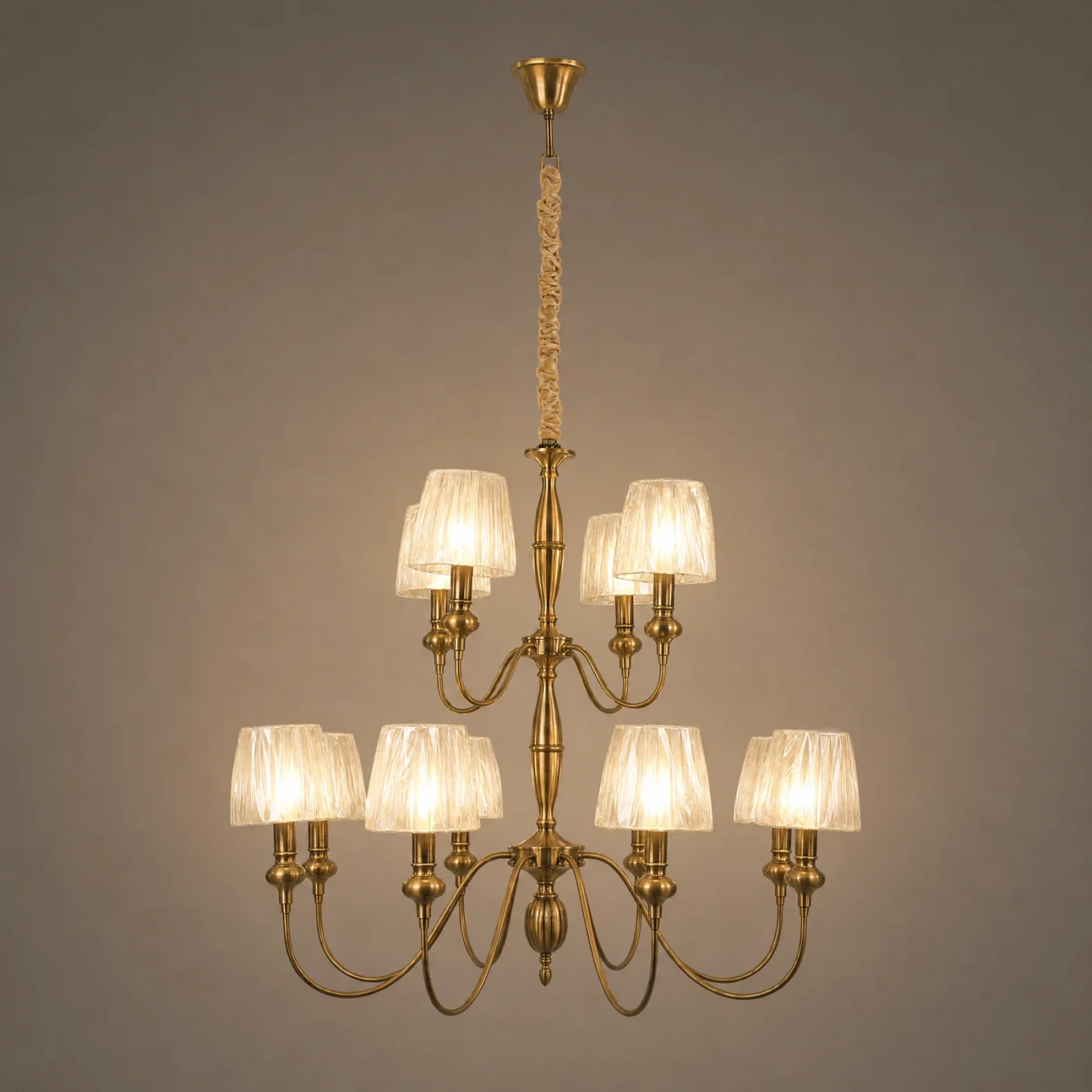 Windsor Two-Tier Shaded Chandelier — lights on