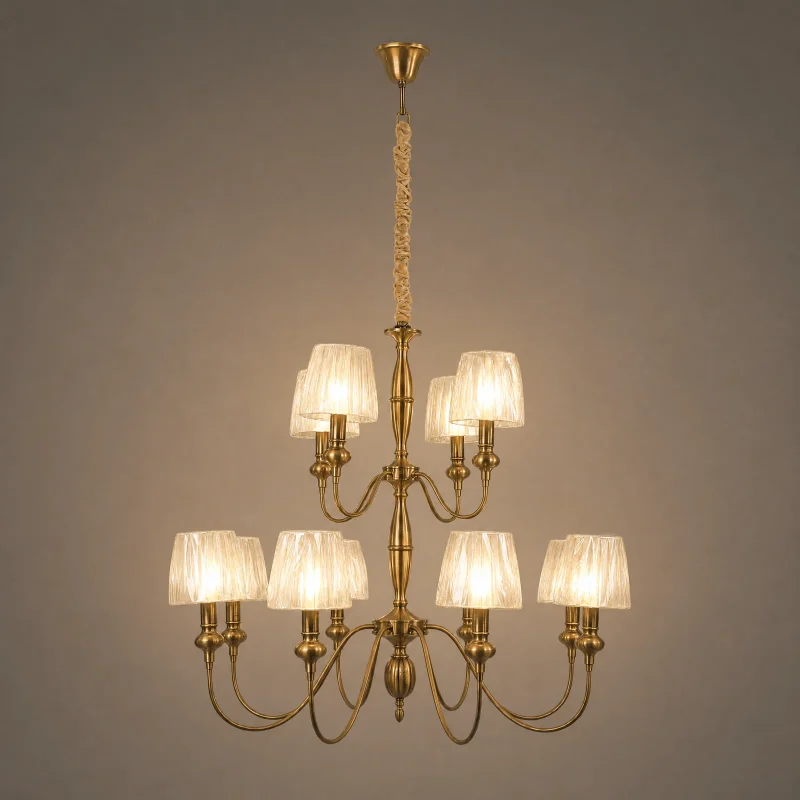 Windsor Two-Tier Shaded Chandelier — lights on